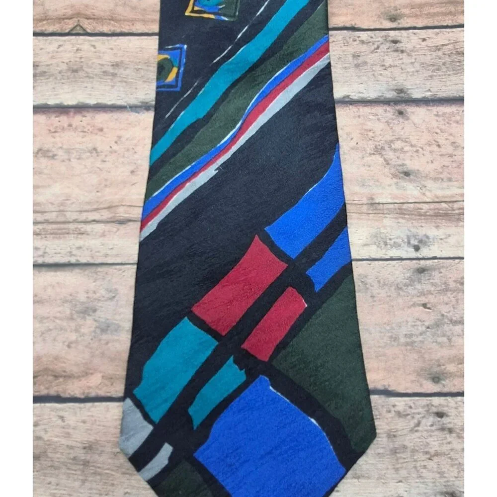 Bugatti Neck Tie 100% Italian Silk Made in USA Geometric Funky Vintage 80's 4